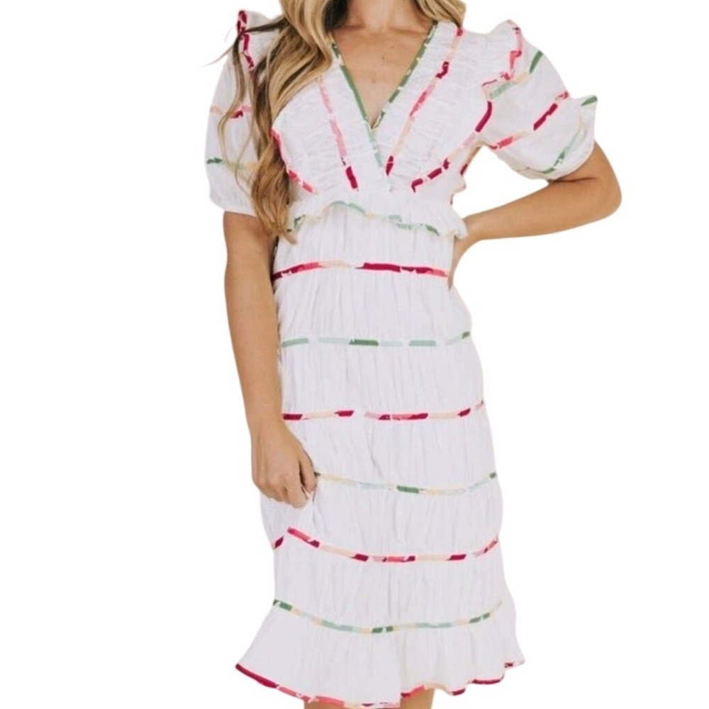 Storia‎ White Multi Color Striped Ruffle V-Neck Tiered Midi Dress Large /Medium